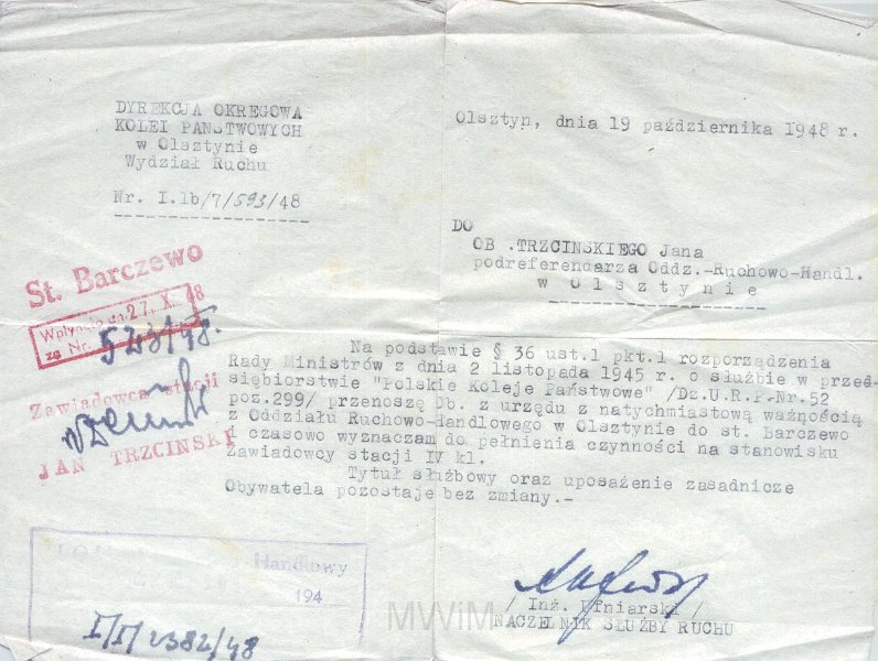 KKE 6086.jpg - Dok. Zaświadczenie. Przeniesienie służbowe, zmiana umowy o prace dla Jana Trzcińskiego, Olsztyn, 19 X 1948 r.